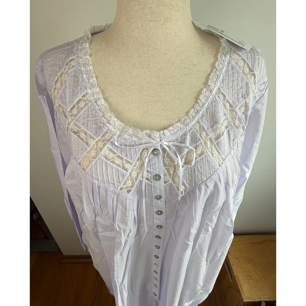 Eileen West Nightgown Womens 1X Peri Blue Cotton Lace Buttons Long Sleeve NWT - Picture 2 of 12